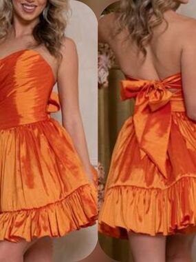 Rachel Allan Orange Strapless Satin Party Dress with Bow